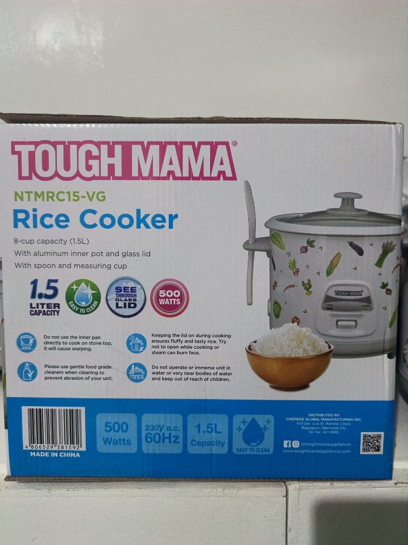 Tough Mama Rice Cooker NTM RC15-VG (Category: Cookers) located in Manila. Submitted by bebheange81665 (Listing ID 1402482079, Image 2). Description: Tough Mama rice cooker with 1.5L capacity. It has an 8-cup capacity and comes with an aluminum inner pot and glass lid. Includes a spoon and measuring cup. It has a 500W power rating and is easy to clean. The rice cooker has a vegetable pattern..