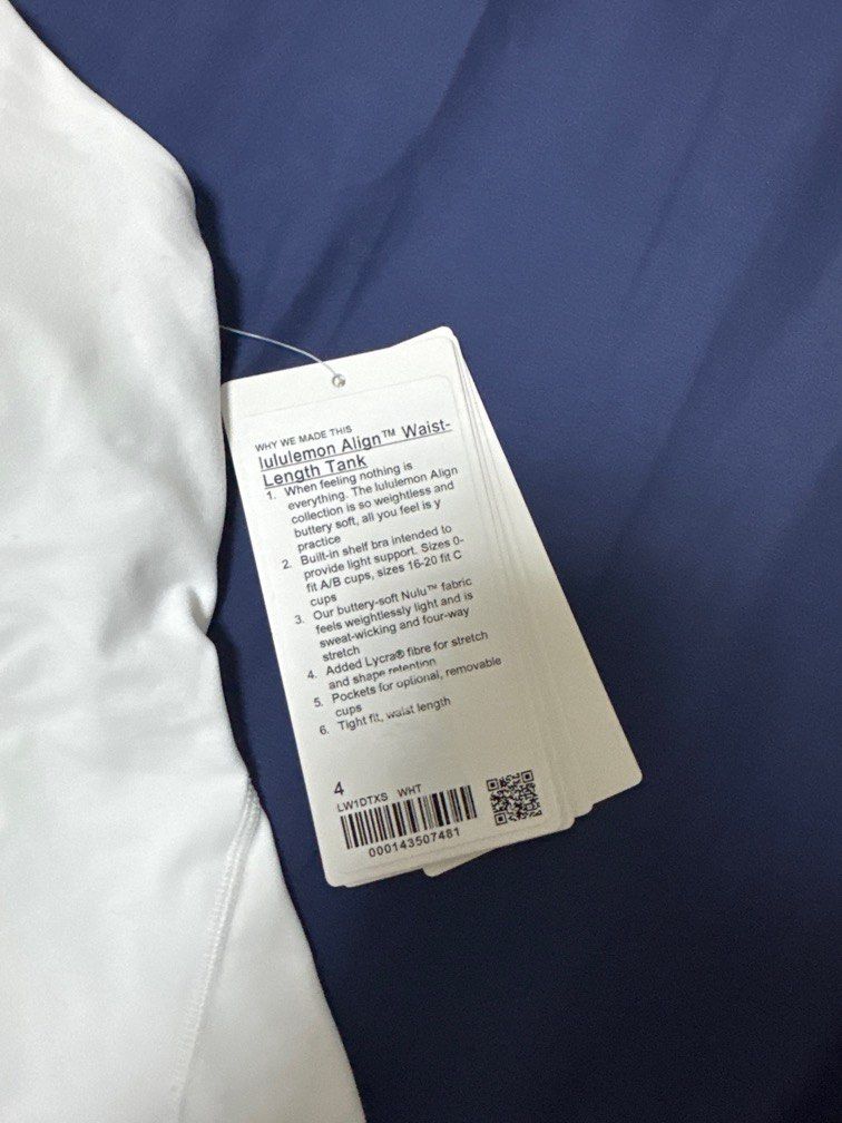 BNWT LULULEMON Align Waist Length Tank Top (Category: Sleeveless) located in Manila. Submitted by azideclutters (Listing ID 1402808789, Image 3). Description: BNWT LULULEMON Align Waist Length Tank Top Color: White Size: 4 Rfs: too large on me, i’ll size down. jnt.