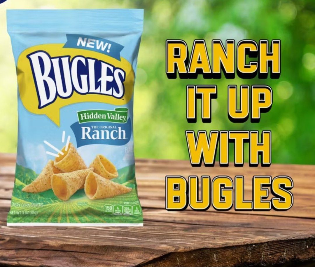Bugles Hidden Valley Ranch Corn Chips 85g (Category: Other Food & Drinks) located in Manila. Submitted by mayeli (Listing ID 1402819530, Image 1). Description: - Bugles corn snacks - Hidden Valley Ranch flavor - 85g - Great for snacking Crunchy Cone Snack with Savory Ranch Flavor from USA.