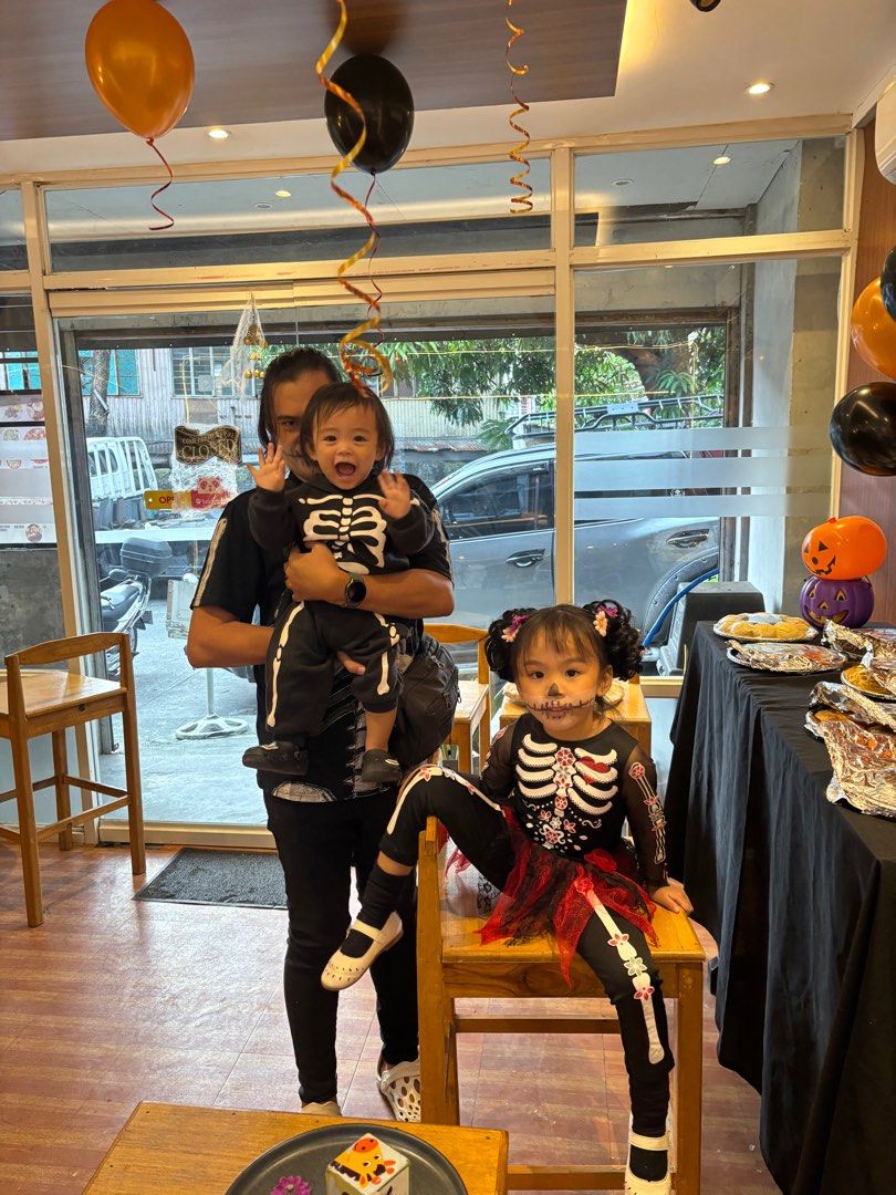 Family skeleton costume (Category: Babies & Kids Fashion) located in Pasay City. Submitted by sandybuggy (Listing ID 1402706202, Image 2). Description: Mom - jacket skirt small on tag but can fit upto large Jumpsuit skeleton with tutut skirt for girls ideal for 3-4yrs old -SOLD Skeleton track suit for boy- 12-18mos on tag Used once only .