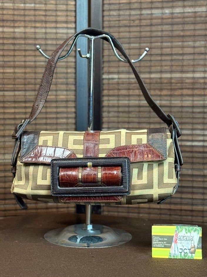Givenchy Monogram Croc-Ostrich Canvas Bag (Category: Luxury Bags & Wallets) located in Baguio. Submitted by BagstacularbyJCT (Listing ID 1402788431, Image 1). Description: This exquisite Givenchy bag features a brown canvas body in monogram with multi-tonal leather and hardware details. The bag opens to a single compartment with one zip pocket through a flap-top with a magnetic closure. Est. measurements Height: 6.75 in Width: 11.25 in Depth: 2.2
