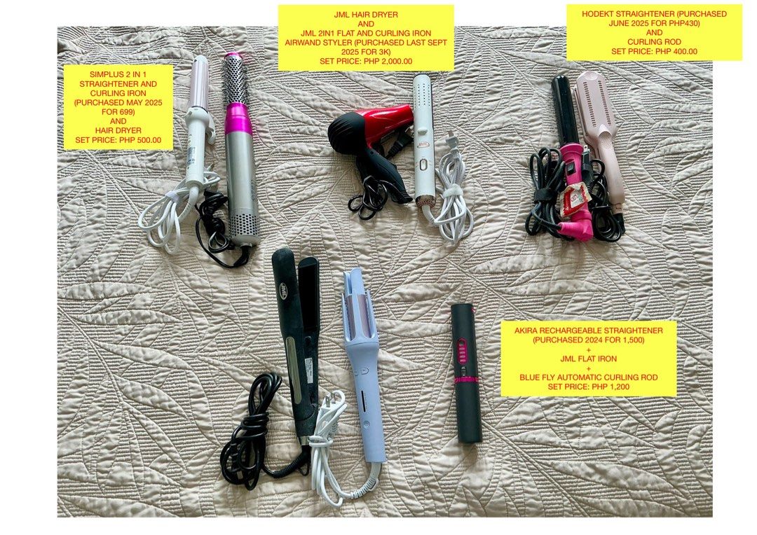 Hair Styling Tools Set - Simplus, JML, Hodekt, Akira (Category: Hair) located in Pasig City. Submitted by ms.earthangel (Listing ID 1402711071, Image 1). Description: Take all for 4,000.