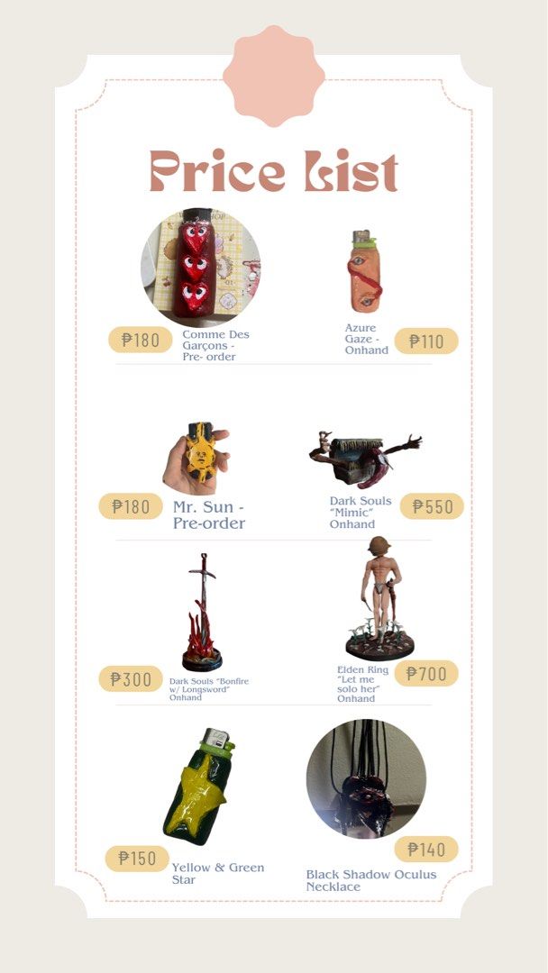 Handmade Keychains, Necklaces, Lighter Cases & Figurines (Category: Handmade Craft) located in Cavite. Submitted by heyitsmork (Listing ID 1402691449, Image 3). Description: Handmade keychains, necklaces, lighter cases, and figurines — all crafted from air-dry clay, carefully sculpted, painted, and sealed by hand ♡ No molds used, ever! ₊˚ Limited stocks only and they sell out fast — make sure to reserve yours ASAP, or you’ll have to wait for the 
