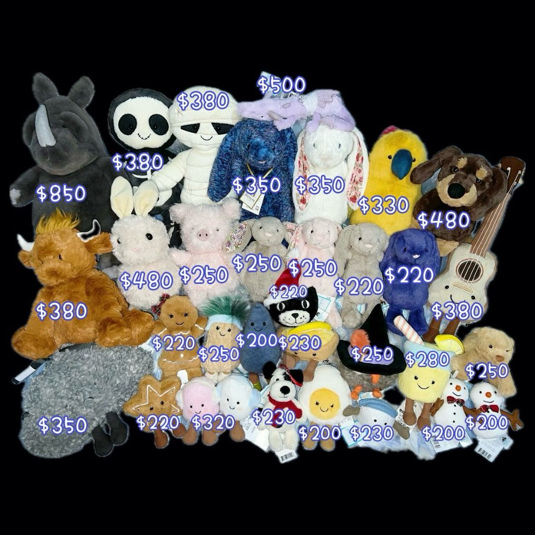 Jellycat 犀牛 骷髏骨 木乃伊 金標兔 巴吉比鸚鵡 臘腸狗 高地牛 Nuzzables Rabbit 兔 Little Pig 豬仔 ...