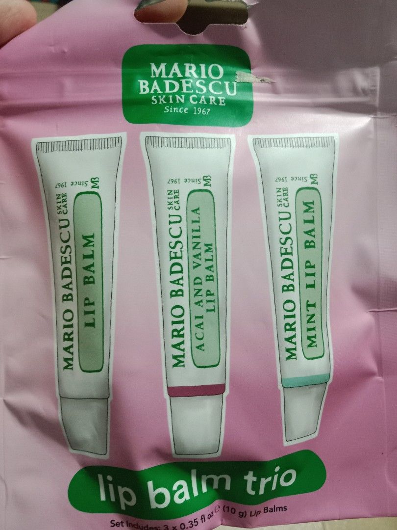 Mario Badescu Lip Balm Trio (Category: Makeup) located in Pateros City. Submitted by armcandystuff (Listing ID 1402764799, Image 1). Description: Lip balm trio from Mario Badescu includes three lip balms. The set contains lip balms in the following flavors: Lip Balm, Acai and Vanilla Lip Balm, and Mint Lip Balm. Each tube contains 0.35 fl oz (10 g) of lip balm..