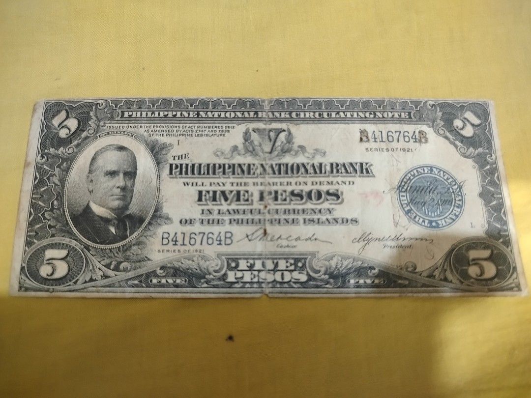 Philippine National Bank 5 Pesos Circulating Note (Category: Currency) located in Malabon City. Submitted by userofgames1233 (Listing ID 1402798789, Image 1). Description: Philippine National Bank 5 Pesos circulating note. Features a portrait of a man on the front and the denomination on both sides. The note is dated and includes the serial number B416764B. The back of the note displays the denomination and the bank's name..