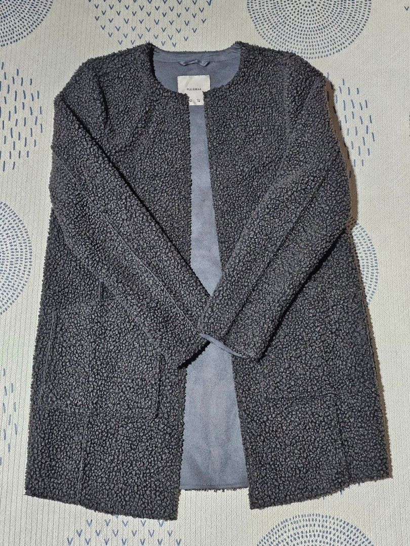 Pull & Bear Long Jacket - Size M (Category: Coats, Jackets and Outerwear) located in Singapore. Submitted by h2daizzo (Listing ID 1402668821, Image 1). Description: - Stylish grey teddy jacket - Brand: Pull & Bear - Soft, textured exterior - Comfortable lining - Features two pockets - Perfect for layering - very good condition.
