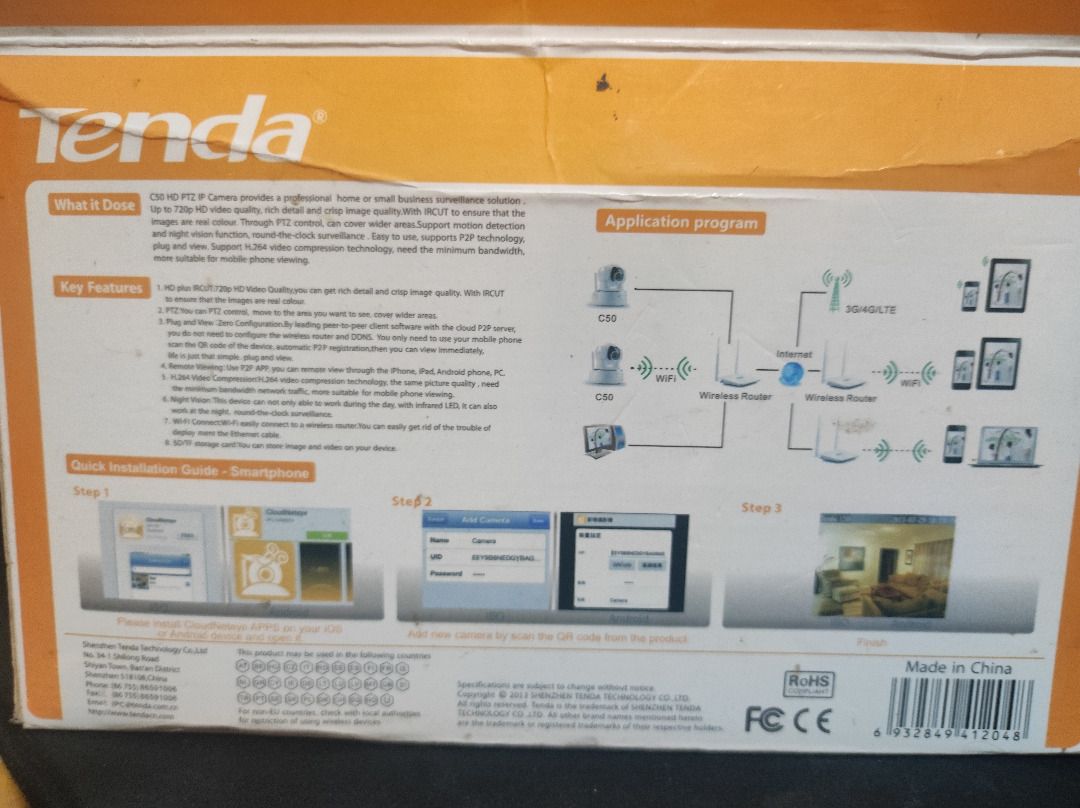 Security Camera （分類：保安系統及閉路電視）位於 Hong Kong。 由 sureau 提交（商品編號 1402763292，圖片 3）。簡介： IP HD Camera Tenda C50 PTZ https://www.net-wifi.it/en/prodotti-dismessi-eol-fuori-produzione-end-of-life/444-c50-camera-hd-ip-wifi-wireless-ptz-tenda.html?srsltid=AfmBOooEzMhzlOytGkLzRBmBuEwfeMtQMACflepYZ_s0zAC9DKa2RPut C50 HD PTZ IP Camera provides a professional home or small business surveillance solution . Up to 720p HD video quality, rich detail and crisp image