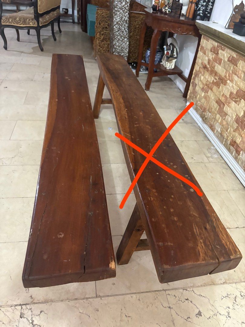 Solid wood benches (Category: Chairs) located in Paranaque City. Submitted by shopofashopaholic (Listing ID 1394230670, Image 2). Description: Solid wood bench made to order from Ilocos. Will sit up to 5 people. 80 inches length, 9.5 to 10 inches width. One bench sold, one remaining..