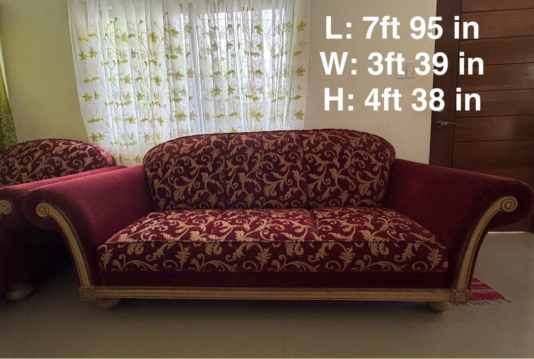 Victorian Sofa Set for Sale (Category: Sofas) located in Santa Rosa. Submitted by nappyaa (Listing ID 1402696133, Image 3). Description: We are selling our Victorian sofa set for 35,000. This includes 4 pieces. 1 long chair, two smaller chairs and 1 japanese table made from narra. dimensions are indicated in the photos - very thick and comfortable - for pick up only Rfs: already have a new sofa set.