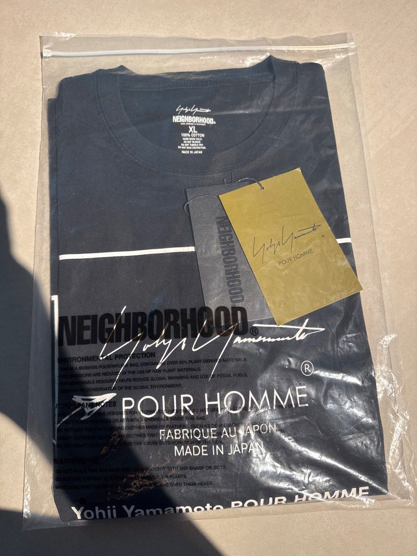 Yohji Yamamoto POUR HOMME x Neighborhood T-shirt (Category: Tshirts & Polo Shirts) located in Singapore. Submitted by goshhhhhhhh (Listing ID 1402728123, Image 1). Description: - Brand new Yohji Yamamoto POUR HOMME T-shirt - From the 2024 Spring Summer Collection - Collaboration with Neighborhood - Made in Japan - Comes with original tags and packaging.