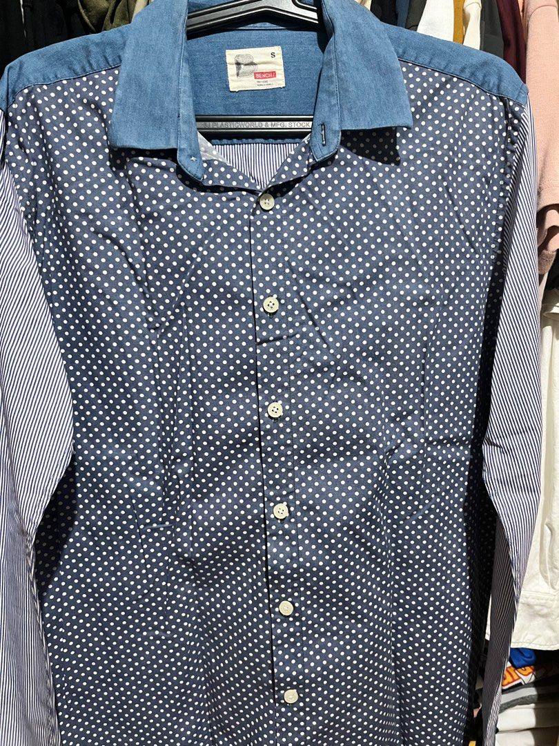 Bench Polka Dot Denim Shirt - Size S (Category: Tshirts & Polo Shirts ) located in Pasig City. Submitted by yuri0021 (Listing ID 1402877358, Image 1). Description: Location: Pasig Delivery: Lalamove Payment: Gcash Bench shirt, size small. Unique design with denim collar and cuffs, polka dot front, and striped back/sleeves..