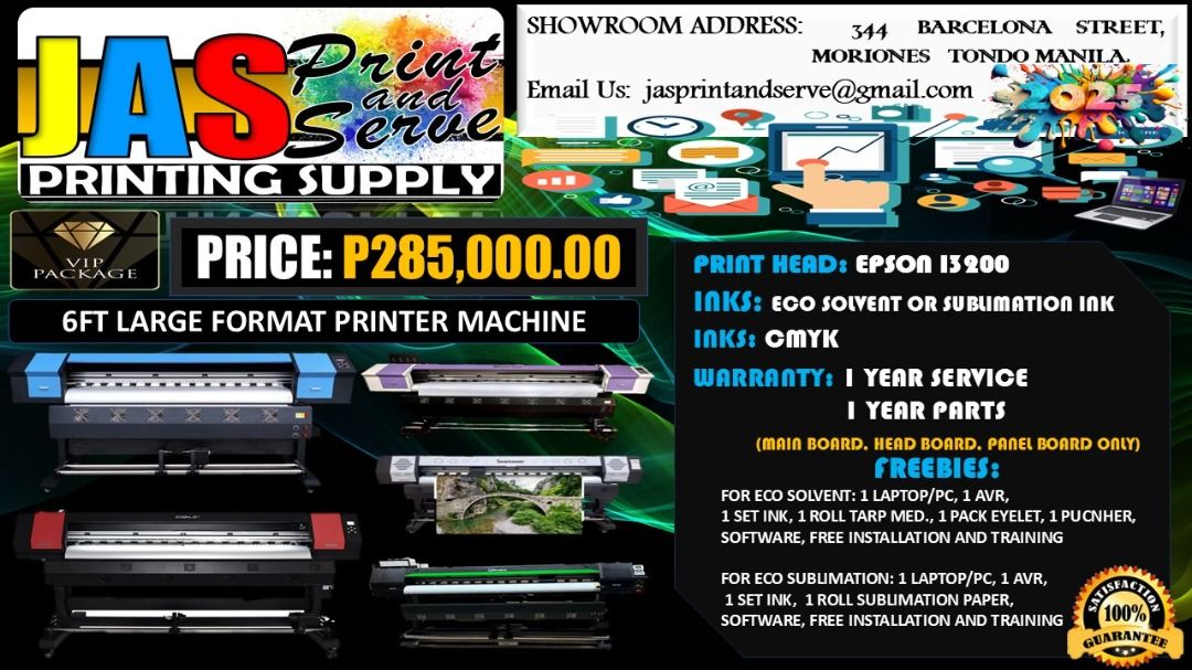 Brand New 6ft Large Format Printer Epson i3200 Printer Eco Solvent Printer Tarpaulin Printer Sticker Printer SUblimation Printer DTF Printer (Category: Printers, Scanners & Copiers) located in Quezon City. Submitted by joemhelbarros272612 (Listing ID 1402937622, Image 1). Description: Supplier here! Looking for top-quality printing equipment and supplies? Look no further than JASPrint And Serve Printing Supply! We're easy to find and always ready