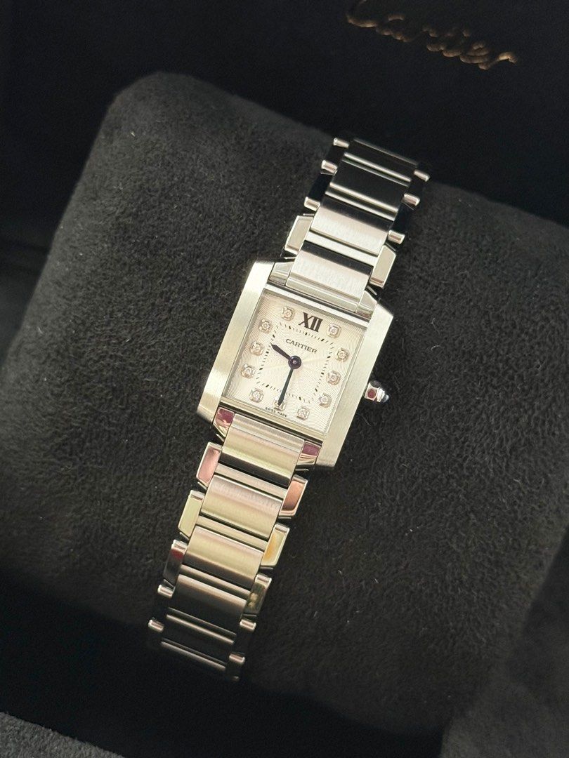 Cartier Tank Francaise Small (Category: Luxury Watches) located in San Juan City. Submitted by watchwisemnl (Listing ID 1402879296, Image 2). Description: Cartier Tank Francaise Small Size White Guilloché Dial Big Diamonds Hard to find! So pretty in actual! 😍 Price: 255,000 2017 22mm x 30mm Original Cartier Quartz Movement White Guilloché Dial with Big Diamonds Hour Markers Blue Cabochon Dial Sapphire Crystal All original in excellent Inclusion: