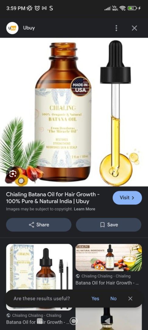 Chialing Natural Batana Oil (Category: Hair) located in Taytay. Submitted by felizbjacobe (Listing ID 1402922542, Image 3). Description: Chialing Natural Batana Oil for hair growth. This oil is 100% pure and natural. It is made in the USA. The product contains ingredients such as Batana Oil, and other natural ingredients. It is for external use only. Avoid contact with eyes. Keep out of reach of children..