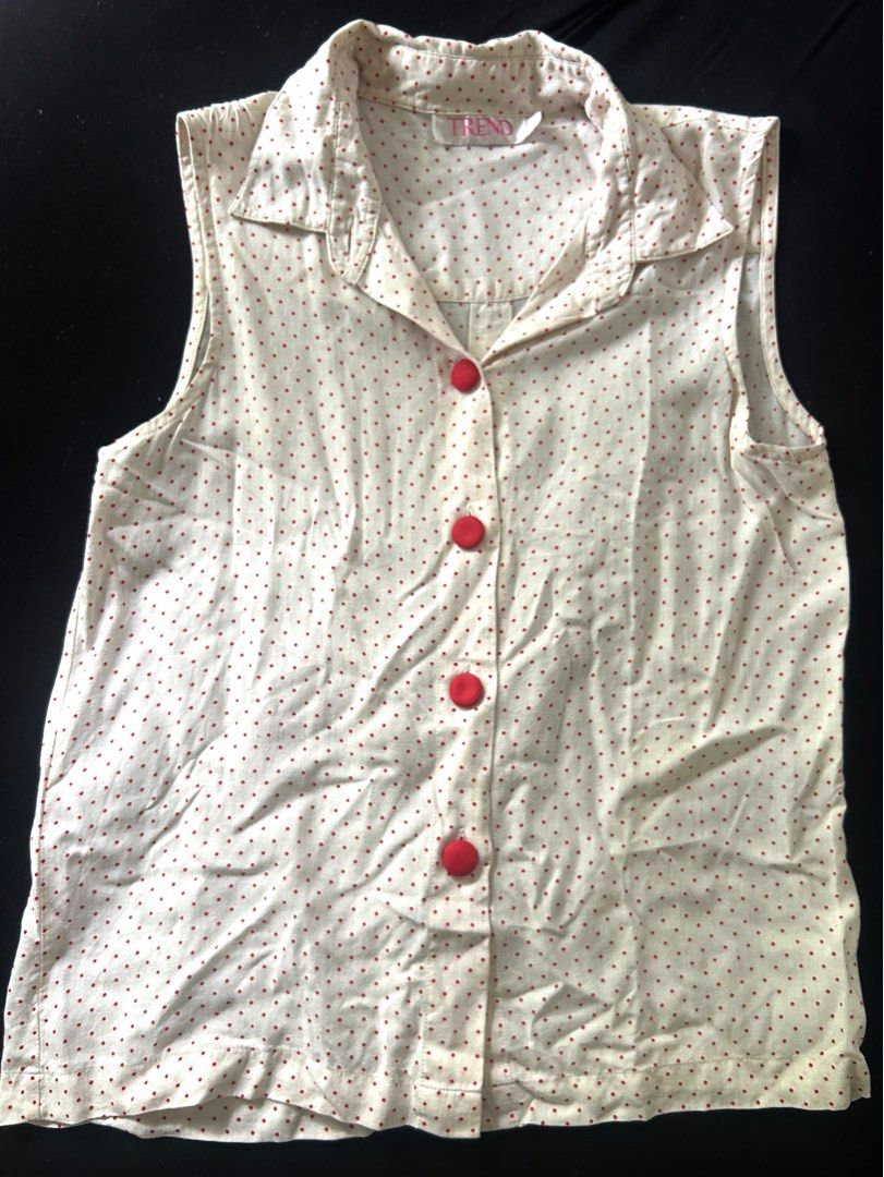 Cotton Linen Button down Retro Polka Dot Sleeveless Top (Category: Sleeveless) located in Quezon City. Submitted by theukayera (Listing ID 1402880273, Image 1). Description: Super presko when worn. For pin up girl outfits! An easy to style staple! No issues. Complete set of buttons, no discoloration. Just needs low heat ironing/steaming. Fits M On hand and ready to ship!.