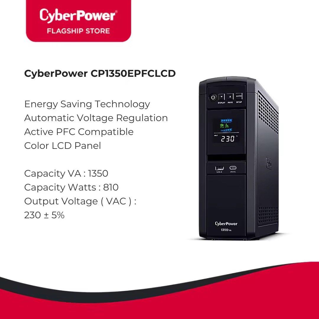 CyberPower CP1350EPFCLCD UPS (Category: Desktops) located in San Pedro. Submitted by abcdebi (Listing ID 1403012654, Image 2). Description: CyberPower CP1350EPFCLCD UPS with Energy Saving Technology, Automatic Voltage Regulation, and Active PFC Compatibility. Features a color LCD panel. Capacity is 1350 VA / 810 Watts. Output voltage is 230V ± 5%. • Bought for its original price ₱8,999 • Bought last September 2025 • Well-maintained • No issues in