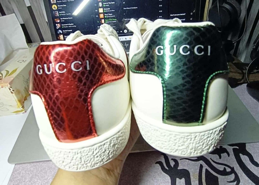 Gucci Ace Sneakers with Bee Embroidery (Category: Sneakers) located in Bislig. Submitted by cleverfish.d2c064 (Listing ID 1402910711, Image 2). Description: - Gucci Ace sneakers - Iconic bee embroidery - Green and red heel accents - Gucci logo detail - Includes original box - Includes dust bag - Includes original packaging - White laces - White sole Used once (few hours only). Badly need funds. Free Shipping thru JRS/JNT/LBC Payment thru Gcash/Ba