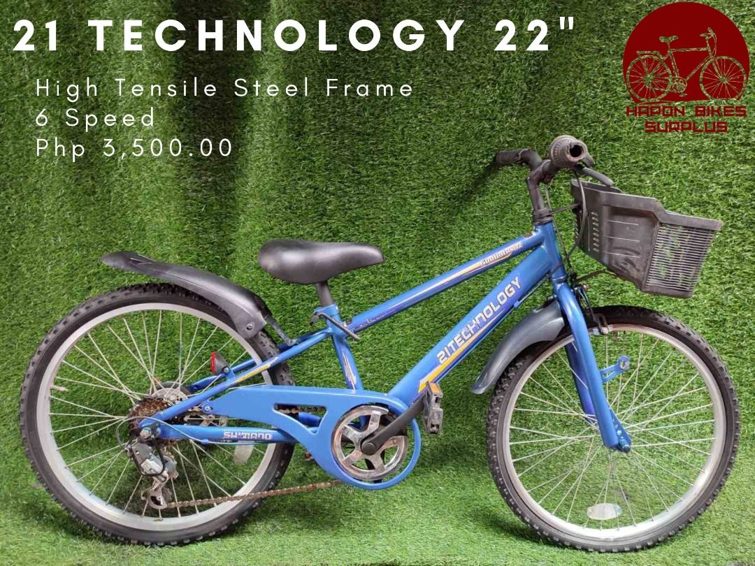 Japan Surplus 21 Technology MTB Kid's 22" (Category: Bicycles) located in Valenzuela. Submitted by haponbikessurplus (Listing ID 1402842696, Image 1). Description: 21 Technology MTB Kid's 22 x 1.75 Tire Size High Tensile Steel Frame 6 Speed Shimano Revoshift Shimano SIS Equipped Alloy Rims With Basket Disclaimer: Product color may slightly vary due to photographic lighting sources or your screen settings..
