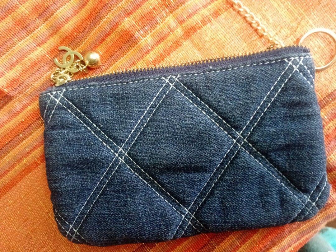 Korea Chanel style Denim Wallet with Chain (Category: Luxury Bags & Wallets) located in Quezon City. Submitted by sugarfree19 (Listing ID 1402899065, Image 3). Description: pick up qc, near SM sta mesa galas qc. brgy santo nino. ok lalamove. lagi may tao. - Quilted denim design - White stitching - Gold-tone Chanel logo - Includes chain with charm - Zipper closure - Interior with card slots - Red lining.