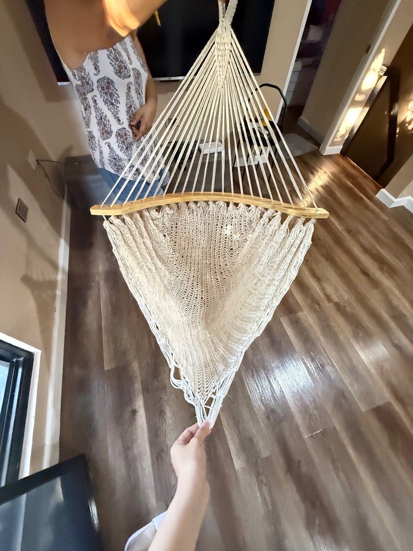 Macrame Hammock swing from USA (Category: Chairs) located in Quezon City. Submitted by joyandjoy (Listing ID 1403009157, Image 3). Description: - Macrame hammock chair for indoor/outdoor relaxation. - Woven design with wooden bar support. - Neutral color complements any decor. - Comfortable and stylish seating option..
