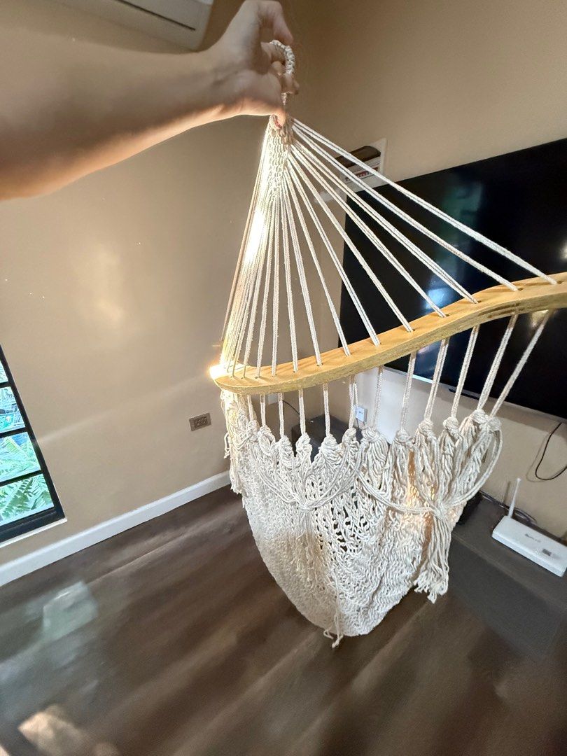 Macrame Hammock swing from USA (Category: Chairs) located in Quezon City. Submitted by joyandjoy (Listing ID 1403009157, Image 1). Description: - Macrame hammock chair for indoor/outdoor relaxation. - Woven design with wooden bar support. - Neutral color complements any decor. - Comfortable and stylish seating option..
