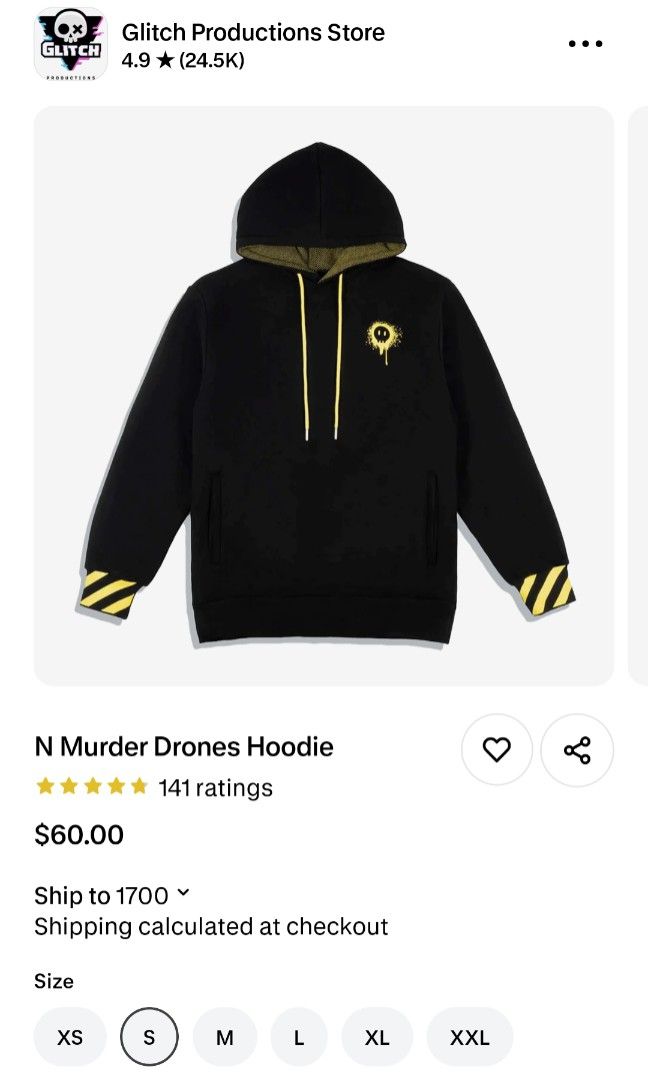 N Murder Drones Hoodie - Glitch Production stores (Category: Coats, Jackets and Outerwear) located in Paranaque City. Submitted by meetingg (Listing ID 1402987633, Image 3). Description: N Murder Drones Hoodie - Glitch Production - Black hoodie - Yellow smiley face design on front - "DISASSEMBLY Drones" graphic on back - Yellow drawstrings and cuff stripes - Front pocket - Thick material RFS: too small.