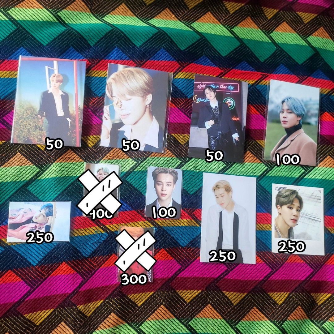 Official BTS Jimin Photocards [Prices on pic] (Category: K-Wave Merchandise) located in Pasig City. Submitted by bloombaby.co (Listing ID 1399237339, Image 1). Description: - BTS Jimin photocard collection - Various albums and collection available - Prices indicated per card.