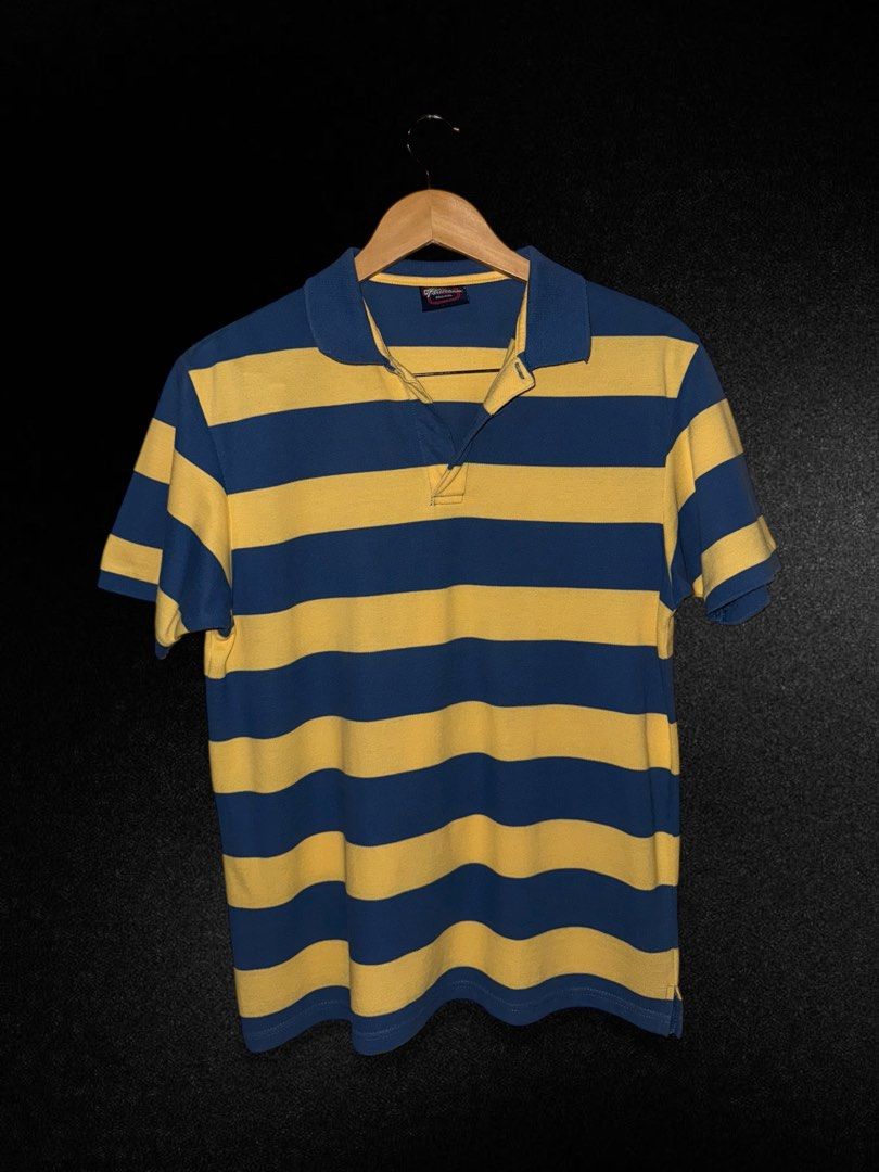 Portside Original Striped Polo Shirt - Large (Category: Tshirts & Polo Shirts ) located in Hermosa. Submitted by xonarchive (Listing ID 1402906373, Image 1). Description: - Portside Original polo shirt - Classic blue and yellow striped design - Collared neckline with three-button placket - Size: Large - Condition: Good.