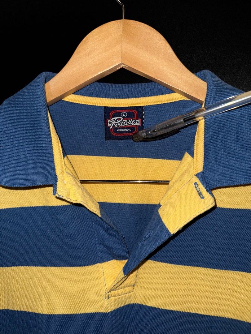 Portside Original Striped Polo Shirt - Large (Category: Tshirts & Polo Shirts ) located in Hermosa. Submitted by xonarchive (Listing ID 1402906373, Image 2). Description: - Portside Original polo shirt - Classic blue and yellow striped design - Collared neckline with three-button placket - Size: Large - Condition: Good.