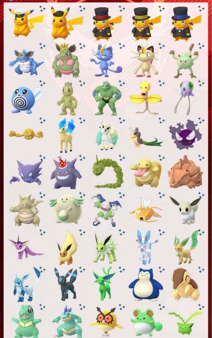 Random Costume/Regular Shinies Pokemon Go (Category: In-Game Products) located in Pasig City. Submitted by poke_minascc (Listing ID 1402988478, Image 1). Description: Selling: all shinies in the picture. I have multiples of each. Prices vary depending on the shiny Registered trade: has shiny registered, 20k stardust trade cost Unregistered trade: 30 days friendship (ultra friends), 80k stardust trade cost. 50% nrdp required Pm me for more informa