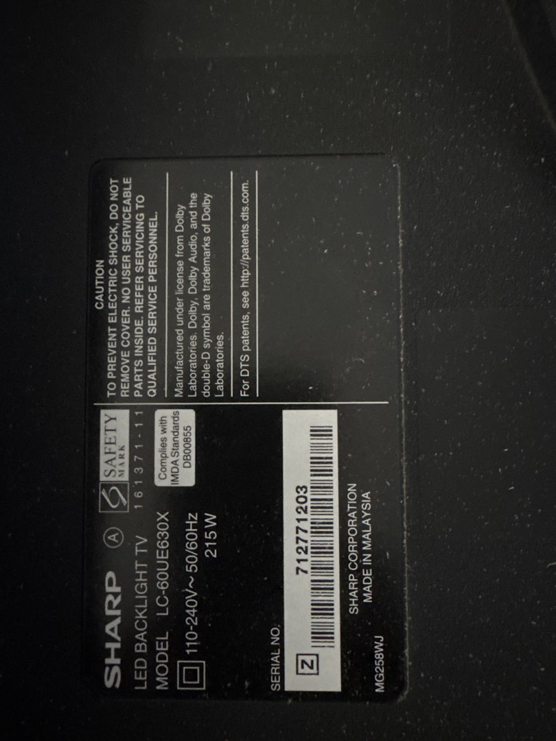 Sharp LED Backlight TV LC-60UE630X, TV & Home Appliances, TV ...