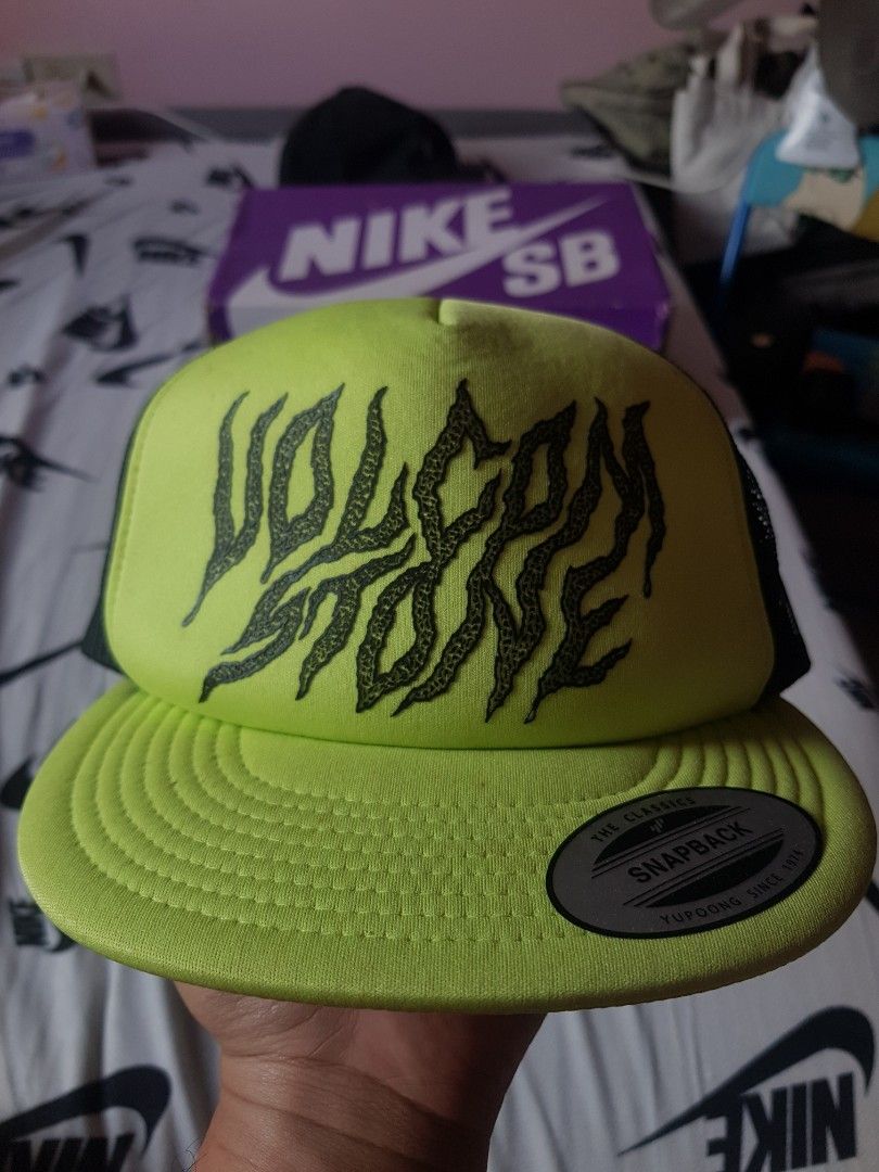 Volcom Tiger Print Cap (Category: Caps & Hats) located in Kalibo. Submitted by kerrokerropii (Listing ID 1402874648, Image 1). Description: Volcom cap features a unique tiger print design on a neon green front panel. It has a black mesh back and an adjustable snapback closure. The Volcom logo is visible on the side and inside the cap. The cap is a size US S/M. need wash.