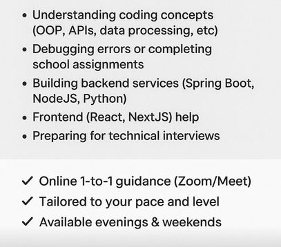 💻 Quick Coding Help | University Projects | Interview Prep | Debugging | Code Review (Category: Everything Else) located in Singapore. Submitted by lanice.sg (Listing ID 1403069447, Image 2). Description: Experienced software engineer based in Singapore and remote I’ve built production-grade systems using Kotlin, Java, Python, and TypeScript, from IoT smart meter ingestion and GraphQL APIs to AWS cloud apps and React dashboards. If you’re a stud