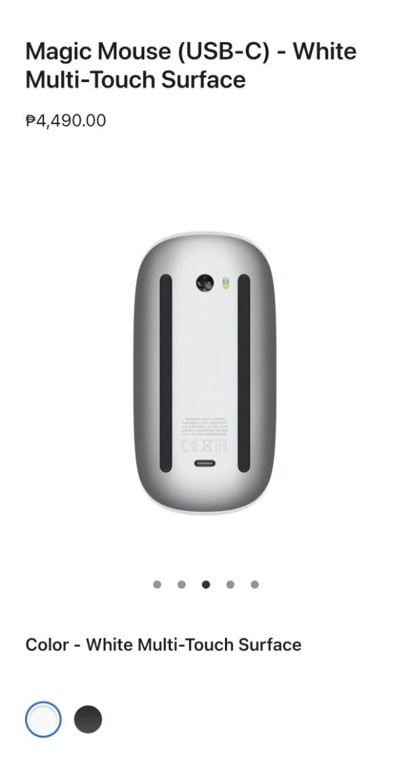 Apple Magic Mouse (USB-C) - White (Category: Mouse & Mousepads) located in Cebu City. Submitted by declutter_cebu (Listing ID 1403102292, Image 3). Description: - Apple Magic Mouse (White) - Multi-touch surface - Includes USB-C charging cable - Designed by Apple - Model: A2052 - Made in China - Box includes mouse and cable Kindly read first before buying! No rush shipping!.