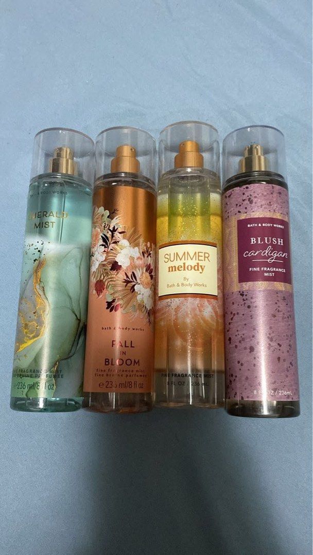 Bath & Body Works Fine Fragrance Mist Set (Category: Fragrance & Deodorants) located in Quezon City. Submitted by riiii (Listing ID 1403170239, Image 1). Description: For Take All Only - Sprayed to smell only - Summer Melody 230ml left - 1400 last price - Loc: Fairview QC - Shipping via Jnt, Grab or Lalamove Emerald Mist Fall In Bloom Summer Melody Blush Cardigan.