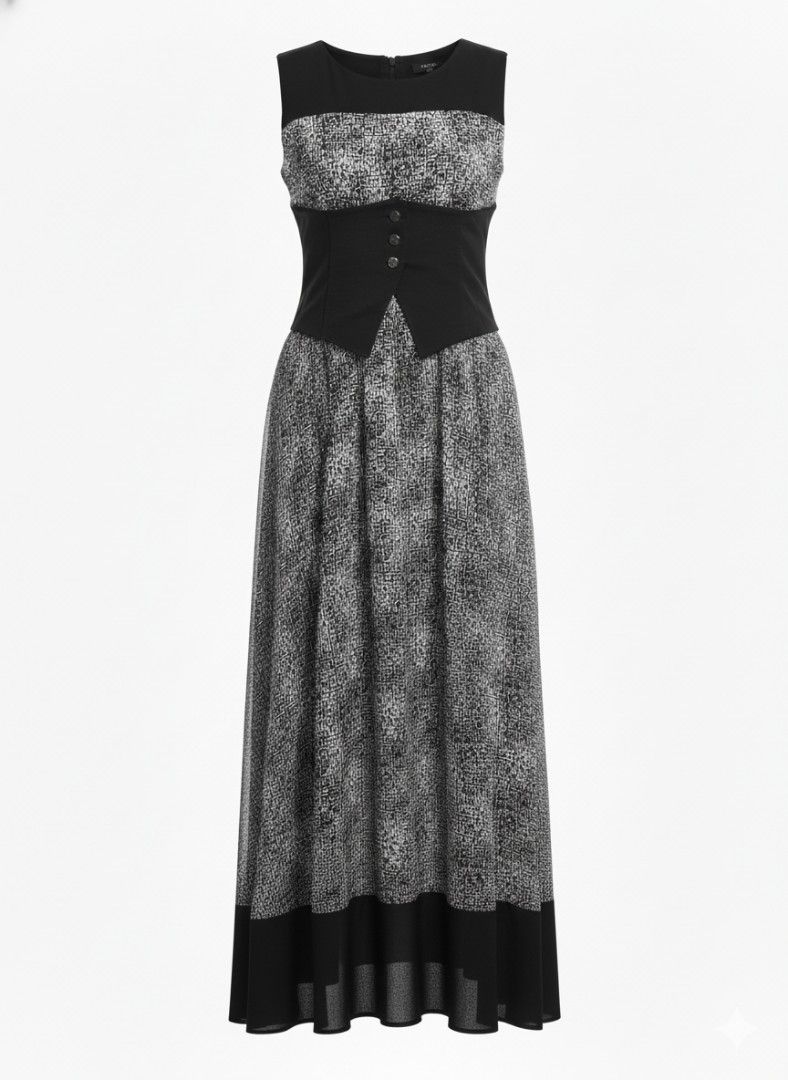 Black Sleeveless Maxi Dress (Category: Dresses) located in Quezon City. Submitted by arksrph (Listing ID 1403050267, Image 1). Description: Size: M-L Elegant black sleeveless maxi dress. Features a fitted bodice with button details and a flowing skirt. The dress has a unique pattern throughout the skirt. Perfect for special occasions or a night out. Made from a lightweight fabric, offering a comfortable fit..