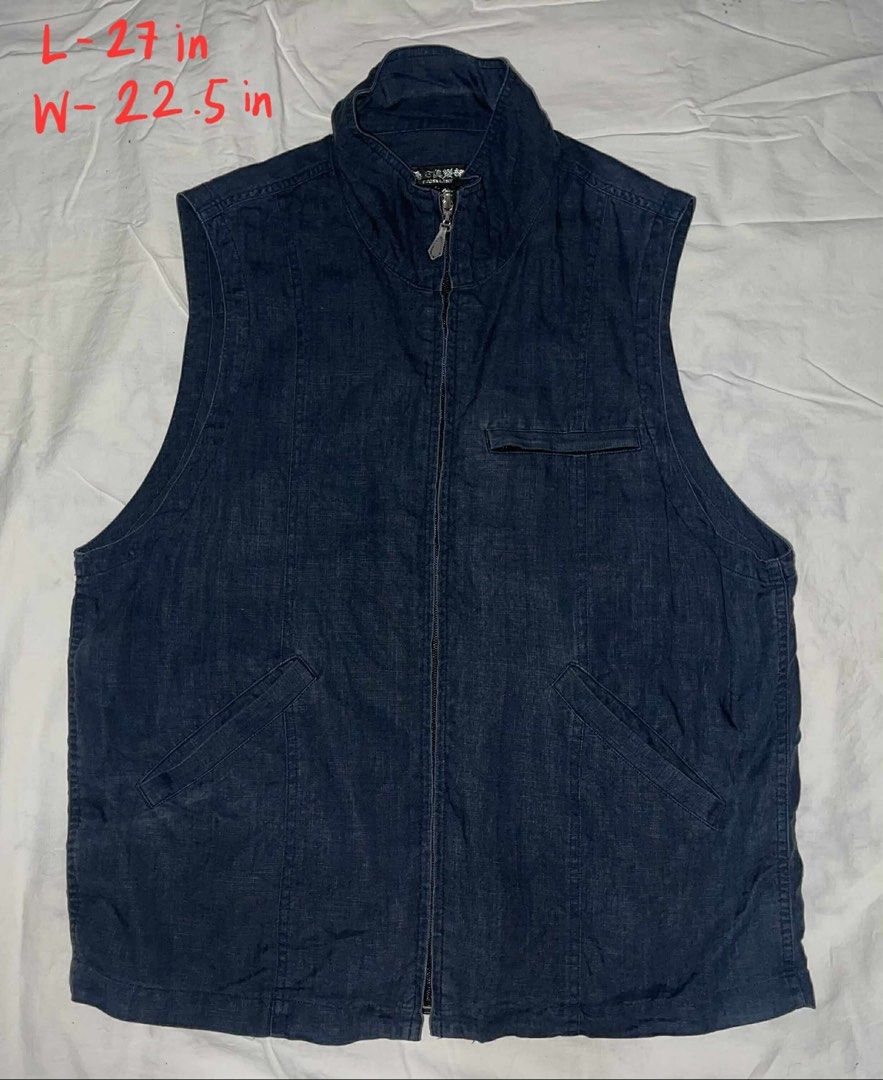 Blue Sleeveless Vest (Category: Vests) located in Caloocan City. Submitted by motherquake (Listing ID 1403098919, Image 1). Description: - Dark blue sleeveless vest - Full zipper closure - Stand-up collar - Two front pockets - Denim-like fabric Measurements - Length: 27 inches - Width: 22.5 inches.