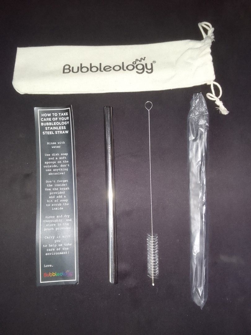 Bubbleology Stainless Steel Straw Set (Category: Other Kitchenware & Tableware) located in Baguio. Submitted by eskimoprime (Listing ID 1403116514, Image 1). Description: Notes: - Brand New - Complete with canvas bag and cleaner - High quality - Purchased in Qatar - Feel free to pm for more pics.