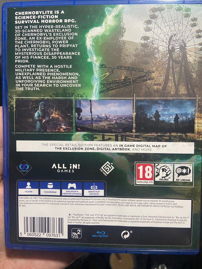 Chernobylite - PS4 (Category: PlayStation) located in Antipolo. Submitted by saita22 (Listing ID 1403221689, Image 2). Description: - Chernobylite for PlayStation 4 - Special Retail Edition - Region: 2 Includes: - In-game digital map of the exclusion zone - Digital artbook - Genre: Sci-fi survival horror RPG - Set in a 3D-scanned Chernobyl Exclusion Zone.