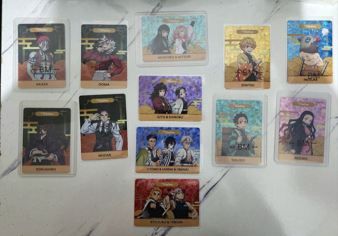 Chatime x Demon Slayer Complete Set (Category: Raw Singles) located in Makati City. Submitted by bmcollectibles (Listing ID 1403222034, Image 1). Description: FOR SALE: 3500 set FOR TRADE ONLY to: Want: Demon Slayer Taiwan Exlusive Cards Complete Set Have: Chatime x Demon Slayer Complete Set Tanjiro, Zenitsu, Inosuke, Nezuko Hashiras Muzan, Kokushibo, Doma, Akaza Location: Makati Meetup: San Lorenzo Place Mall, One Ayala, SM Makati, Greenbelt, Gl