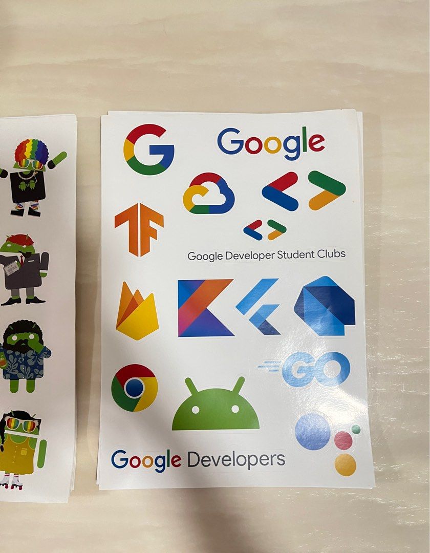 Google Android & Developer Stickers (Category: Motorcycle Accessories) located in Singapore. Submitted by mixerswitch (Listing ID 1403189313, Image 2). Description: $0.5 each! Have 10 sheets each for both design. - Colorful Google Android and Developer stickers. - Can paste on laptop - Features various Android characters and Google developer logos. - Ideal for laptops, notebooks, and other surfaces. - Perfect for tech enthusiasts and students. Dm