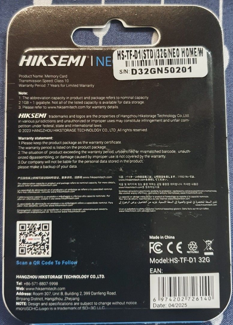 Hiksemi Neo Home 32 gb Micro SD (Category: Memory & SD Cards) located in Quezon City. Submitted by elcondoforyou (Listing ID 1403109752, Image 2). Description: All Brand new and sealed, Extra memory card. No warranty, just need to dispose. Hiksemi Consumer TF Card NEO HOME,all the space you need with reliable storage. Large Capacity; Fast File Transfer; Data Protection; Model HS-TF-D1 Capacity: 32GB Max. Read speed: 92 MB/s Max. Write speed: 25 M
