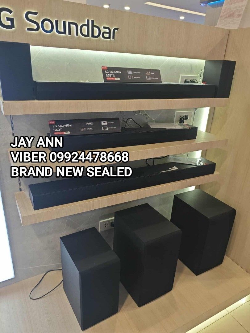 LG Soundbar (Category: Soundbars, Speakers & Amplifiers) located in Makati City. Submitted by jayann. (Listing ID 1403181940, Image 2). Description: ✅LG SOUND BAR SPEAKER 2.1CH, 5.1CH, 3.1.1CH DOLBY ATMOS BRAND NEW SEALED✅ SQC1 2.1ch 160W = 5,990 SQC2 2.1ch 300W = 7,100 S40T 2.1ch 300W = 8,290 S65TR 5.1ch 440W = 13,590 S70TY ATMOS 3.1.1ch 400W = 15,290 SC9S ATMOS 3.1.3ch 400W = 25,190 1 YEAR WARRANTY LG SERVICE PRICE MAY MAY CHANGE WITHOUT PRIOR 