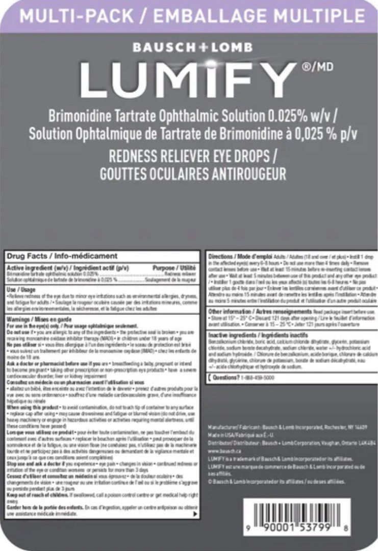 Lumify Redness Reliever 2 pack 7.5ml (Category: Vision Care) located in Pasig City. Submitted by jantdizon (Listing ID 1403224949, Image 3). Description: Lumify Redness Reliever Eye Drops, 2 x 7.5 mL Product Details The Lumify Redness Reliever Eye drops feature an ophthalmic solution of brimonidine tartrate to help reduce the redness of the eye caused by minor irritations. Remove contact lenses before use. Features and benefits: 0.025% w/v brimon