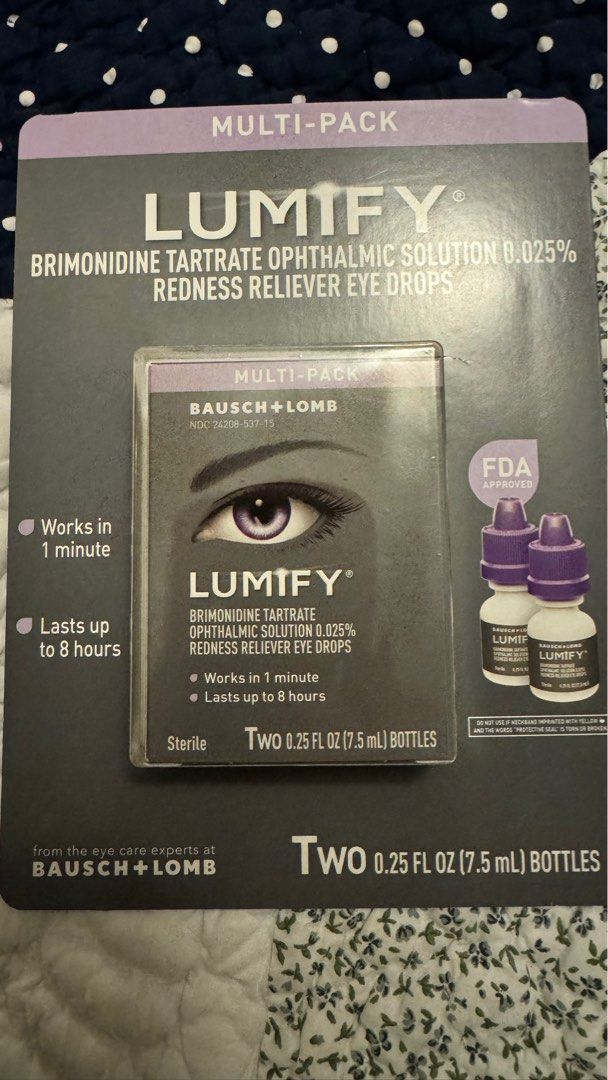 Lumify Redness Reliever 2 pack 7.5ml (Category: Vision Care) located in Pasig City. Submitted by jantdizon (Listing ID 1403224949, Image 1). Description: Lumify Redness Reliever Eye Drops, 2 x 7.5 mL Product Details The Lumify Redness Reliever Eye drops feature an ophthalmic solution of brimonidine tartrate to help reduce the redness of the eye caused by minor irritations. Remove contact lenses before use. Features and benefits: 0.025% w/v brimon
