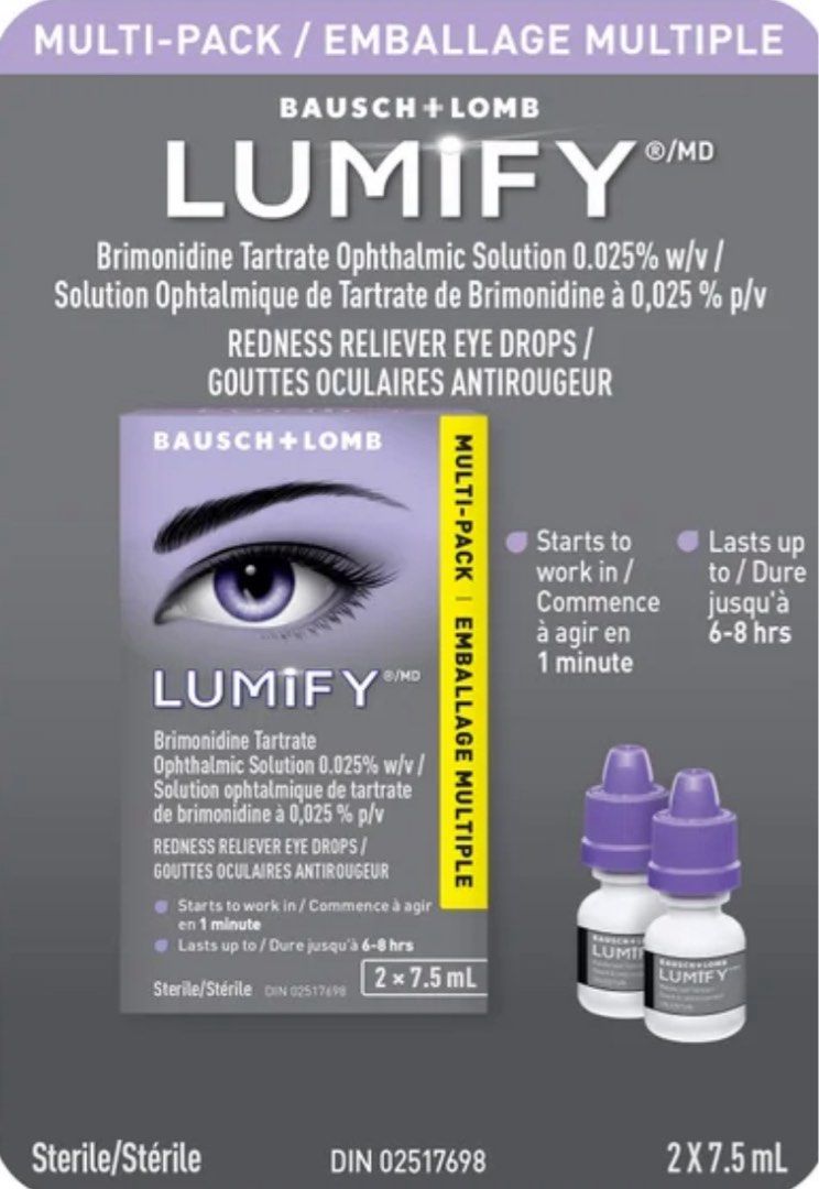Lumify Redness Reliever 2 pack 7.5ml (Category: Vision Care) located in Pasig City. Submitted by jantdizon (Listing ID 1403224949, Image 2). Description: Lumify Redness Reliever Eye Drops, 2 x 7.5 mL Product Details The Lumify Redness Reliever Eye drops feature an ophthalmic solution of brimonidine tartrate to help reduce the redness of the eye caused by minor irritations. Remove contact lenses before use. Features and benefits: 0.025% w/v brimon