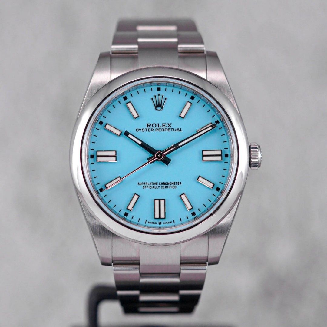 Rolex OP41 Tiffany (Category: Luxury Watches) located in Mandaluyong City. Submitted by 88nac (Listing ID 1403067899, Image 1). Description: Tiffany day 🙋‍♀️🙋‍♀️ Tiffany Blue 124300 2022 9.8/10 41mm With white tag Full set 1.495k Slightly neg PM for inquiries.