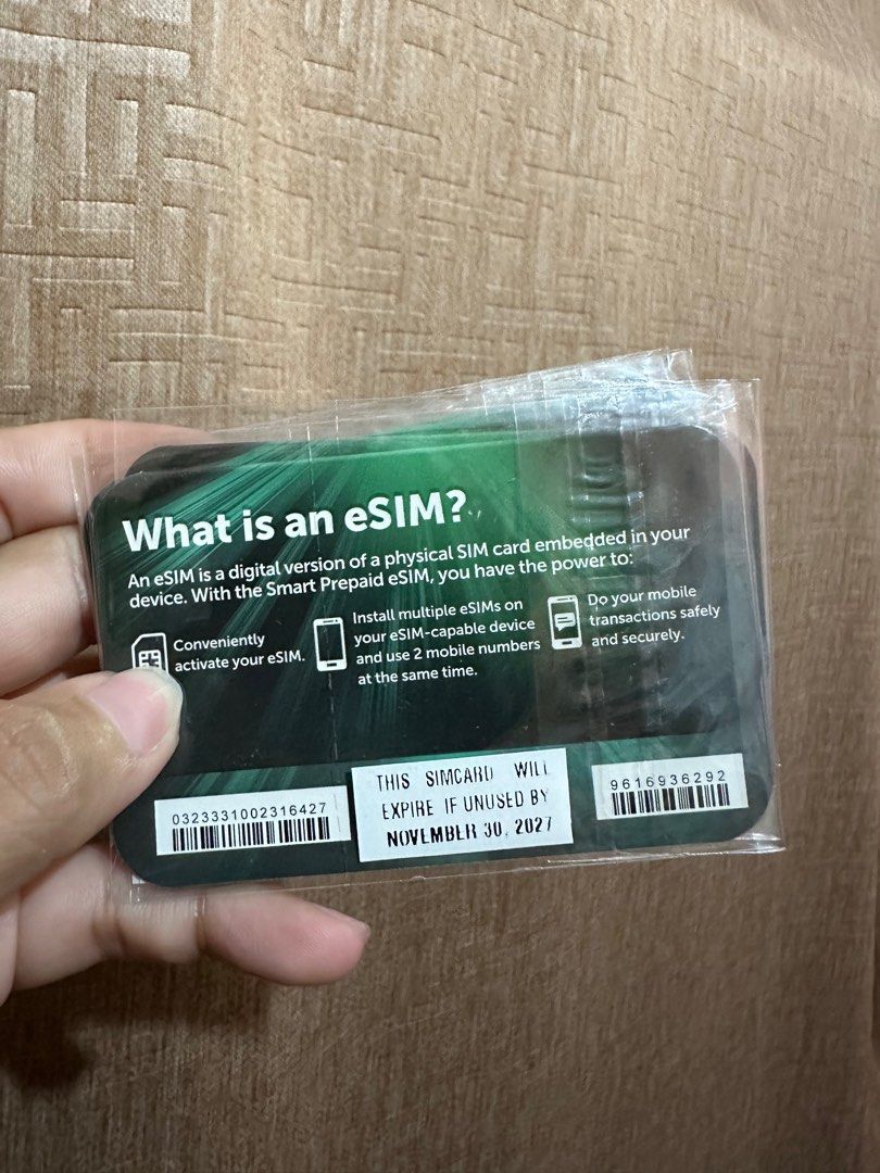 Smart Prepaid Esim (Category: Sim Cards) located in Taguig. Submitted by grassyyieeebeyb (Listing ID 1403135744, Image 3). Description: Smart Prepaid ESIM ₱299 each.