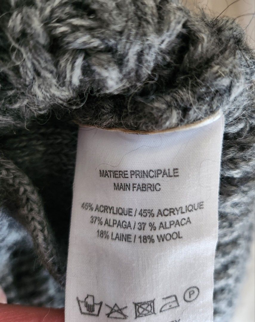 VANESSA BRUNO brand-new ATHÉ Gray Knit Cardigan (M) （分類：外套及戶外衣服）位於 Hong Kong。 由 jrtlover 提交（商品編號 1403115835，圖片 5）。簡介： VANESSA BRUNO brand-new ATHÉ Gray Knit Cardigan (M) - From Rue Madame - Features a unique textured knit design, super stylish - Double-breasted front with black buttons, turtleneck design - Two front pockets - Made of a blend of acrylic, alpaca, and wool - Size M - Brand-new。